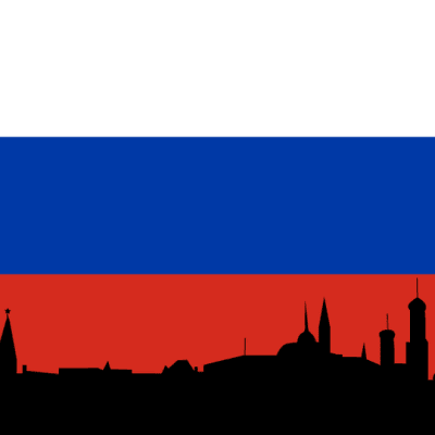 Venäjän lippu ja kaupungin siluetti