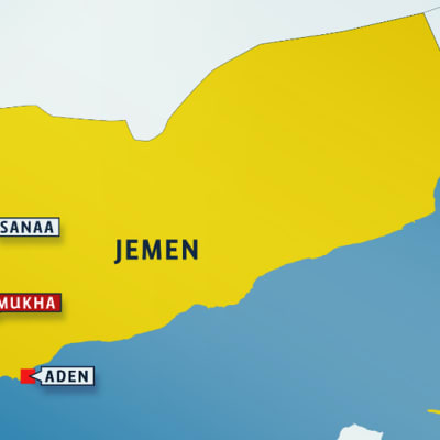 Jemenin kartta, jossa kaupungit: Sanaa, Aden ja Mukha.