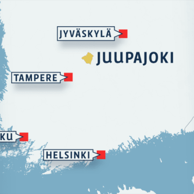 Suomen kartta johon on merkitty Juupajoen sijainti ja muita suuria kaupunkeja.