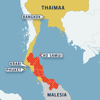 Thaimaan provinssit, joissa on julistettu katastrofialueita.