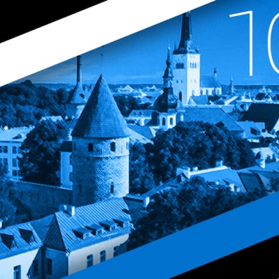 Kuvakollaasi Viron lipusta ja Tallinnan siluetista.