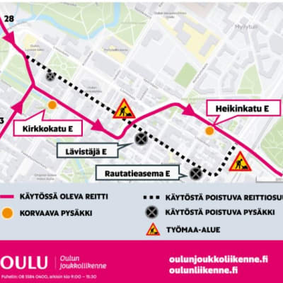 Kesän 2021 joukkoliikenteen poikkeusjärjestelyt Oulun keskustassa.