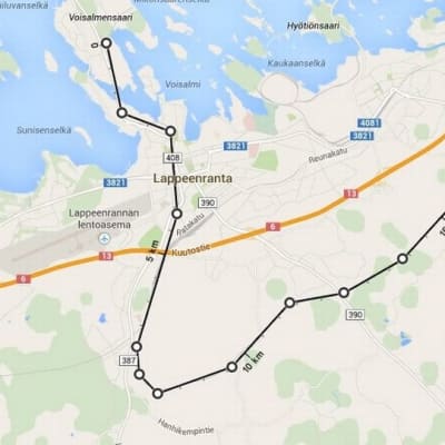 Paikallisjunan mahdollinen reitti Lappeenrannassa.