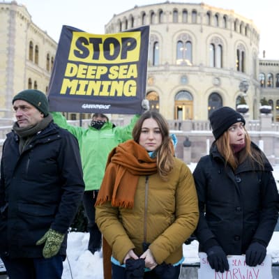 En grupp demonstranter utanför Stortinget. En av dem håller upp en skylt med texten "Stop Deep Sea Mining".