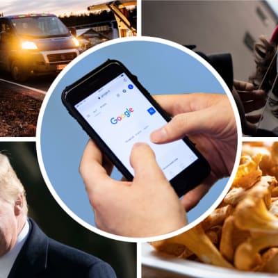 Kuvakombo, jossa henkilön kädet selaavat puhelimella Googlea, kylttien pystytystä Uudenmaan rajalla, henkilö laittaa maskia kasvoilleen, Donald Trump vilkuttaa ja kantarelleja lautasella.