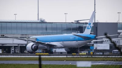 Ett passagerarplan står på en flygplats. Planet tillhör flygbolaget KLM.