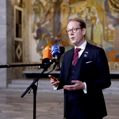 Ruotsin ulkoministeri Tobias Billström tiedotustilaisuudessa.