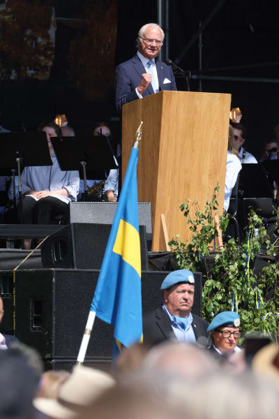 Kung Carl XVI Gustaf i en talarstol. Framför honom vajar en svensk flagga.
