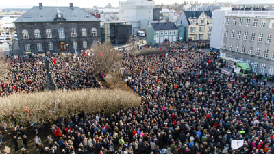 Islänningar demonstrerar utanför parlamentet i Reykjavik och kräver statsminister Sigmundur David Gunnlaugson avgång.