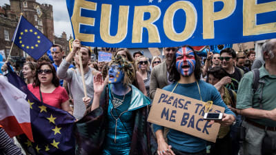 Demonstranter i London vill att Storbritannien stannar kvar i EU.