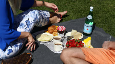 Vänner har picnic i parken.