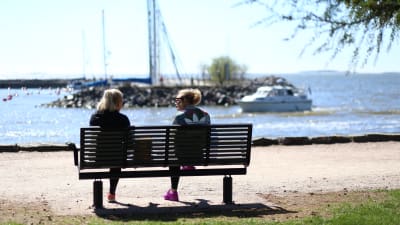 Tjejer på bänk på sommaren.