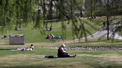 Människor njuter i solen i Sinebrychoffparken.