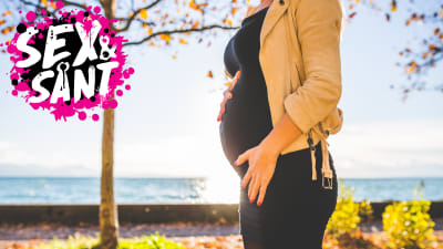 en gravid kvinna som står i en park vid havet och håller som sin mage med sina händer