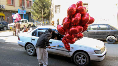 En afghansk man med en klunga röda hjärtformade ballonger tittar in i en bil.