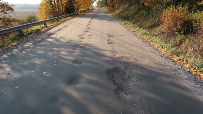 En sandväg med en massa gropar i höstigt landskap.