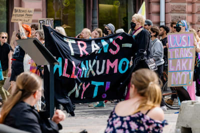 Mielenosoittajien kylteissä lukee "Trans-vallankumous nyt" ja "Uusi translaki nyt!".