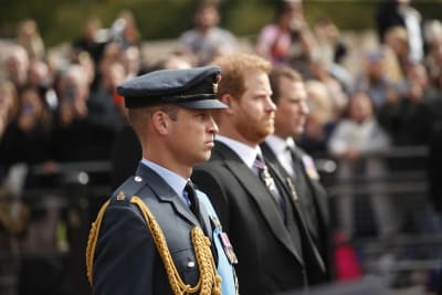 Prins William, slätrakad i militäruniform, och prins Harry, med skägg och i svart kostym, står sida vid sida under sin farmor drottning Elizabeths begravning. På andra sidan prins Harry skymtar också deras kusin Peter Phillips.