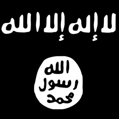 Isis-järjestön lippu. Ylhäällä lukee: ei ole muuta jumalaa kuin Allah. Alhaalla: Muhammed on Jumalan prodeetta