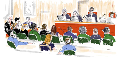 En tecknad bild från rättsalen när rättegången mot Asap Rocky/Rakim Mayers pågår.
