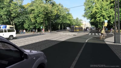 Visualisering av Nylandsgatan i Åbo centrum om spårvägar byggs i Åbo. 