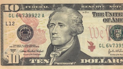 Amerikansk tiodollarssedel med Alexander Hamilton.