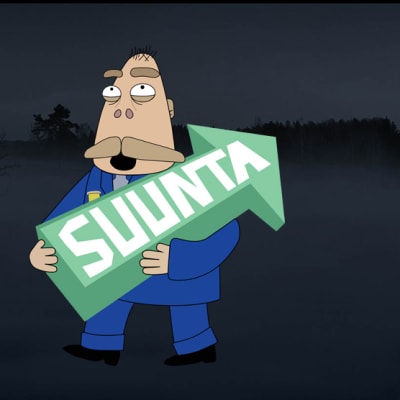 Pasilan Repomies kävelee suunta-nuolen kanssa maisemassa.