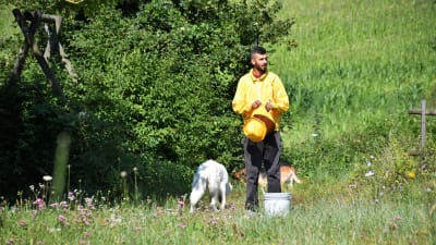 Luca Bianchi tar på sig skyddsdräkten innan han går och ser till sina bikupor. På bilden står han på en äng med hatten i handen och hundarna i bakgrunden.