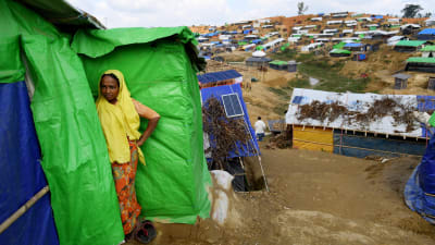En flyktingkvinna står utanför ett skjul byggt av trä och presenningar i flyktinglägret för Rohingyer i Cox's Bazar i Bangladesh.  