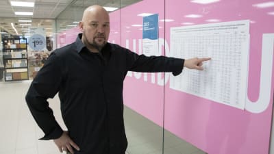 Petri Hosiaisluoma pekar på en kandidatlista vid vallokalen i köpcentret Lundi.