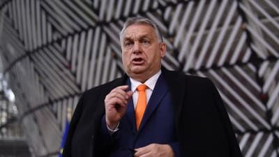 Viktor Orban puhuu päällystakki harteillaan