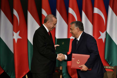 Recep Tayyip Erdogan och Viktor Orban skakar hand.