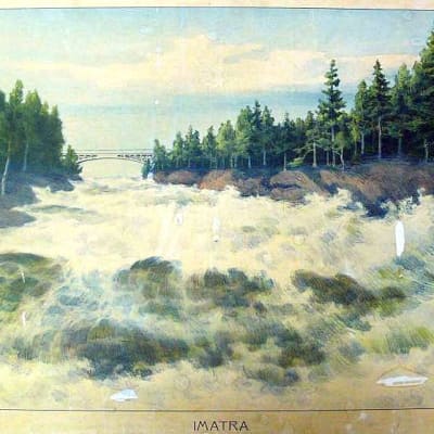 Kustaa Heikkilän vuonna 1903 tekemä kuvataulu, jossa valtoimenaan oleva Imatrankoski. Kuva Pihlajaveden koulun sivuilta.