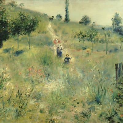 Auguste Renoirin maalaus Polku korkeassa heinikossa. Maalaus esittää kesäistä nittymaisemaa. Keskellä kulkee polku ja plulla kulkee kolme hattupäistä henkilöä.