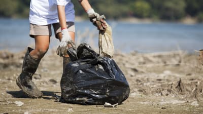 Person samlar upp plastsavfall i en sopsäck på skräpig strand. 