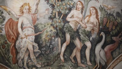 Adam och Eva drivs ut ur paradiset av ängeln med svärd.