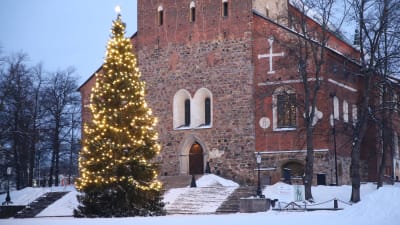 En stor julgran med ledlampor framför Åbo domkyrka. 