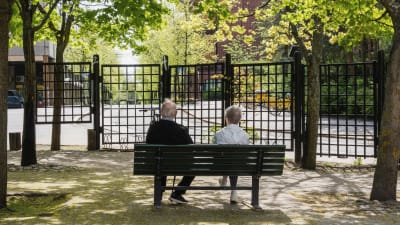 Kaksi vanhusta istuu selin puistonpenkillä, katsellen kadulle päin. Ympärillä puita, joissa juuri puhjenneita lehtiä.