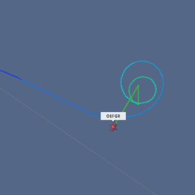 Ett flygplans position på en webbkarta som visar att planet cirkulerat i havet några varv.