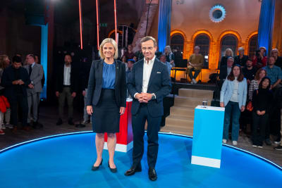 Magdalena Andersson ja Ulf Kristersson vaalikeskustelussa.