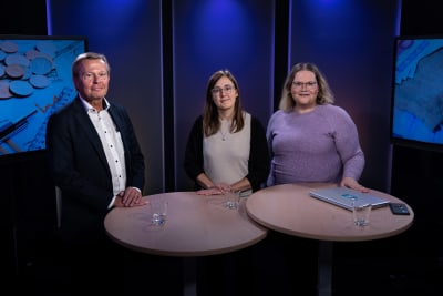 Tre personer står på rad i en tv-studio och tittar in i kameran.