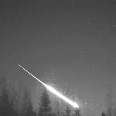 Mustavalkokuva tulipallosta, joka on tallentunut meteorikameraan.