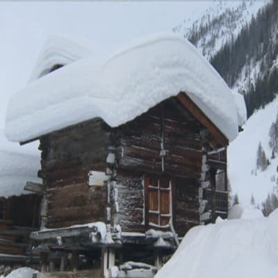 Tjockt snötäcke på alphus i Blatten i Schweiz