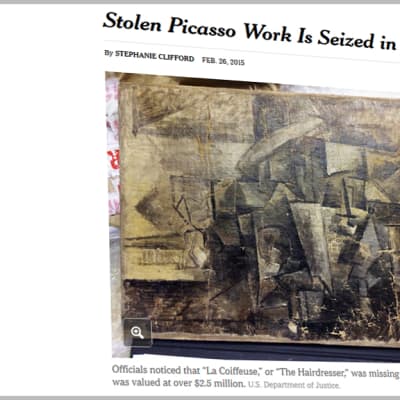 Kuvakaappaus New York Timesin nettisivuilta Picasson teoksesta "Coiffeuse".