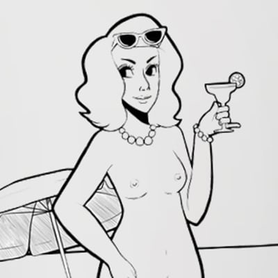 Piirretty yläosaton nainen pitelee drinkkiä