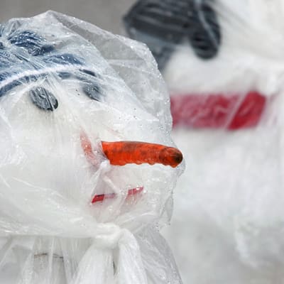 Muovilla suojattuja lumiukkoja vesisateessa.
