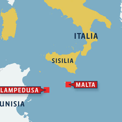 Kartta Italia, Tunisian ja Maltan alueesta.