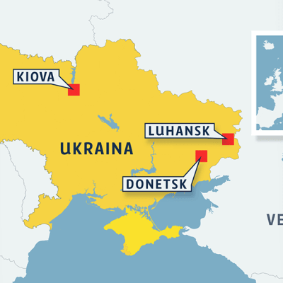 Ukrainan kartta, johon merkitty Kiova, Luhansk sekä Donetsk.