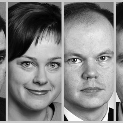Grafiikka, jossa vasemmalta lukien Paavo Väyrynen, Paula Lehtomäki, Olli-Pekka Heinonen sekä Jouni Backman.