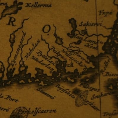 Vanha piirretty kartta Suomenlahden rannikosta.